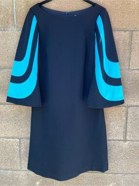 Trina Turk Black Long Sleeve Shift Dress with Turquoise Sleeve Accents
